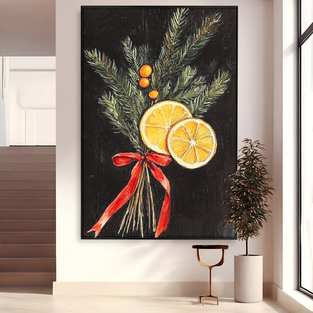 Tablou canvas cu pictura ramuri de brad si portocale, in rama de aluminiu negru